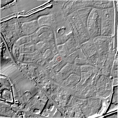 Shaded relief map of the ground around B783XE, computed from Environment Agency LiDAR. The ground here sits at about 60 m above sea level and falls 15 m across the surrounding 800 m. Surface water reaching this point runs off ground lying to the east-south-east, 0.5 m higher.