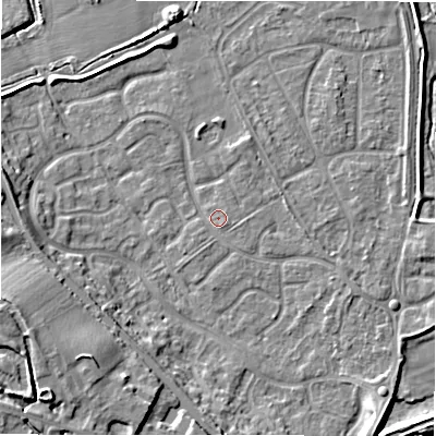 Shaded relief map of the ground around B783XF, computed from Environment Agency LiDAR. The ground here sits at about 60 m above sea level and falls 14 m across the surrounding 800 m. Surface water reaching this point runs off ground lying to the south-south-east, 0.9 m higher.