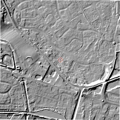 Shaded relief map of the ground around B783XH, computed from Environment Agency LiDAR. The ground here sits at about 60 m above sea level and falls 14 m across the surrounding 800 m. Surface water reaching this point runs off ground lying to the south, 4.8 m higher.