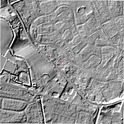 Shaded relief map of the ground around B783XJ, computed from Environment Agency LiDAR. The ground here sits at about 60 m above sea level and falls 15 m across the surrounding 800 m. Surface water reaching this point runs off ground lying to the south-west, 9.9 m higher.