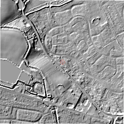 Shaded relief map of the ground around B783XP, computed from Environment Agency LiDAR. The ground here sits at about 61 m above sea level and falls 15 m across the surrounding 800 m. Surface water reaching this point runs off ground lying to the west-south-west, 9.5 m higher.