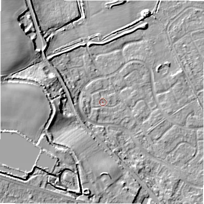 Shaded relief map of the ground around B783XR, computed from Environment Agency LiDAR. The ground here sits at about 59 m above sea level and falls 15 m across the surrounding 800 m. Surface water reaching this point runs off ground lying to the west-south-west, 2.7 m higher.