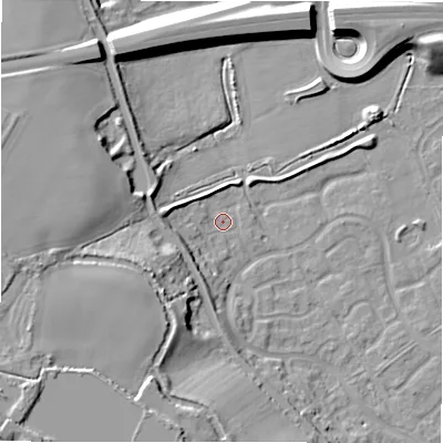 Shaded relief map of the ground around B783XS, computed from Environment Agency LiDAR. The ground here sits at about 60 m above sea level and falls 16 m across the surrounding 800 m. Surface water reaching this point runs off ground lying to the south-west, 14.8 m higher.