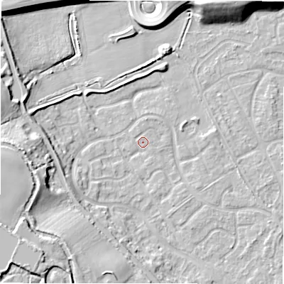 Shaded relief map of the ground around B783XT, computed from Environment Agency LiDAR. The ground here sits at about 60 m above sea level and falls 15 m across the surrounding 800 m. Surface water reaching this point runs off ground lying to the south-west, 14.1 m higher.