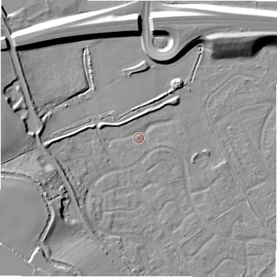 Shaded relief map of the ground around B783XU, computed from Environment Agency LiDAR. The ground here sits at about 60 m above sea level and falls 15 m across the surrounding 800 m. Surface water reaching this point runs off ground lying to the east-south-east, 1.5 m higher.
