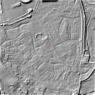 Shaded relief map of the ground around B783XX, computed from Environment Agency LiDAR. The ground here sits at about 60 m above sea level and falls 13 m across the surrounding 800 m. Surface water reaching this point runs off ground lying to the south-south-west, 0.7 m higher.