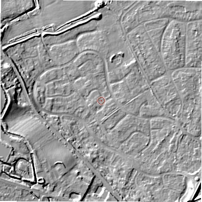 Shaded relief map of the ground around B783XY, computed from Environment Agency LiDAR. The ground here sits at about 60 m above sea level and falls 15 m across the surrounding 800 m. Surface water reaching this point runs off ground lying to the east, 0.8 m higher.