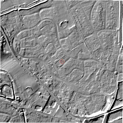 Shaded relief map of the ground around B783XZ, computed from Environment Agency LiDAR. The ground here sits at about 60 m above sea level and falls 15 m across the surrounding 800 m. Surface water reaching this point runs off ground lying to the east, 0.9 m higher.