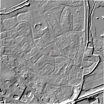 Shaded relief map of the ground around B783YA, computed from Environment Agency LiDAR. The ground here sits at about 60 m above sea level and falls 12 m across the surrounding 800 m. Surface water reaching this point runs off ground lying to the south, 1.0 m higher.