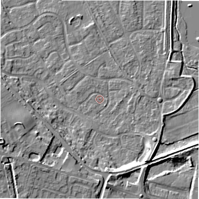 Shaded relief map of the ground around B783YB, computed from Environment Agency LiDAR. The ground here sits at about 60 m above sea level and falls 13 m across the surrounding 800 m. Surface water reaching this point runs off ground lying to the north, 0.8 m higher.