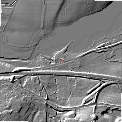 Shaded relief map of the ground around B790ED, computed from Environment Agency LiDAR. The ground here sits at about 61 m above sea level and falls 19 m across the surrounding 800 m. Surface water reaching this point runs off ground lying to the south-west, 14.6 m higher.
