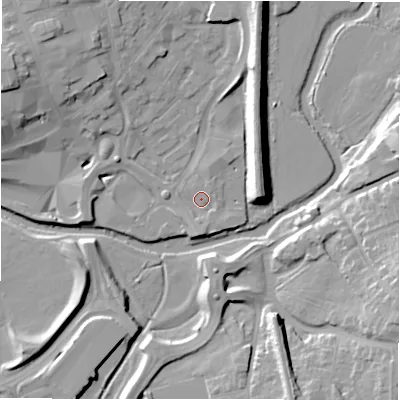 Shaded relief map of the ground around B797AG, computed from Environment Agency LiDAR. The ground here sits at about 61 m above sea level and falls 14 m across the surrounding 800 m. Surface water reaching this point runs off ground lying to the south, 2.5 m higher.