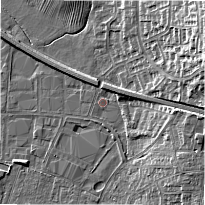 Shaded relief map of the ground around B797AH, computed from Environment Agency LiDAR. The ground here sits at about 59 m above sea level and falls 18 m across the surrounding 800 m. Surface water reaching this point runs off ground lying to the east-north-east, 0.8 m higher.