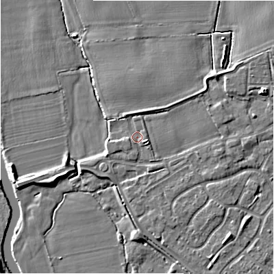 Shaded relief map of the ground around B797BU, computed from Environment Agency LiDAR. The ground here sits at about 58 m above sea level and falls 6 m across the surrounding 800 m. Surface water reaching this point runs off ground lying to the east-south-east, 2.3 m higher.