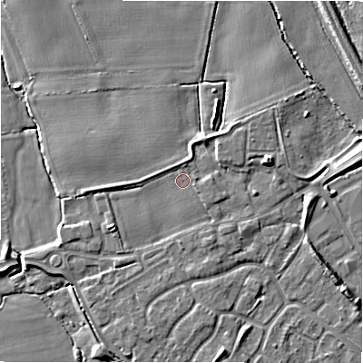 Shaded relief map of the ground around B797DT, computed from Environment Agency LiDAR. The ground here sits at about 58 m above sea level and falls 8 m across the surrounding 800 m. Surface water reaching this point runs off ground lying to the north, 0.9 m higher.