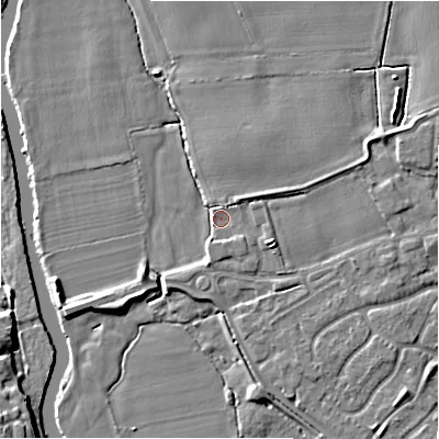 Shaded relief map of the ground around B797DU, computed from Environment Agency LiDAR. The ground here sits at about 57 m above sea level and falls 8 m across the surrounding 800 m. Surface water reaching this point runs off ground lying to the east-south-east, 3.9 m higher.