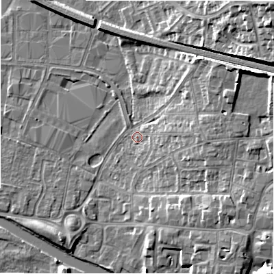 Shaded relief map of the ground around B797ET, computed from Environment Agency LiDAR. The ground here sits at about 60 m above sea level and falls 21 m across the surrounding 800 m. Surface water reaching this point runs off ground lying to the east, 7.1 m higher.