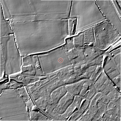 Shaded relief map of the ground around B797FF, computed from Environment Agency LiDAR. The ground here sits at about 58 m above sea level and falls 7 m across the surrounding 800 m. The ground contributing surface water to this point lies to the east-south-east.