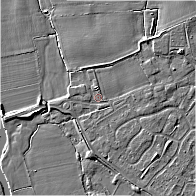 Shaded relief map of the ground around B797FH, computed from Environment Agency LiDAR. The ground here sits at about 58 m above sea level and falls 6 m across the surrounding 800 m. Surface water reaching this point runs off ground lying to the south-south-east, 0.9 m higher.