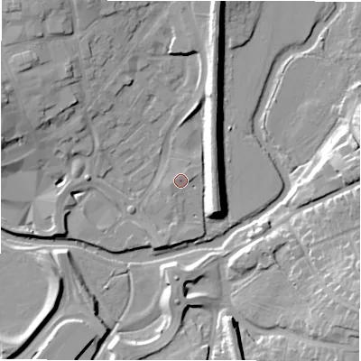 Shaded relief map of the ground around B797HD, computed from Environment Agency LiDAR. The ground here sits at about 61 m above sea level and falls 15 m across the surrounding 800 m. Surface water reaching this point runs off ground lying to the west-south-west, 1.1 m higher.