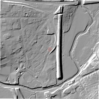 Shaded relief map of the ground around B797HF, computed from Environment Agency LiDAR. The ground here sits at about 61 m above sea level and falls 14 m across the surrounding 800 m. Surface water reaching this point runs off ground lying to the north-west, 10.4 m higher.