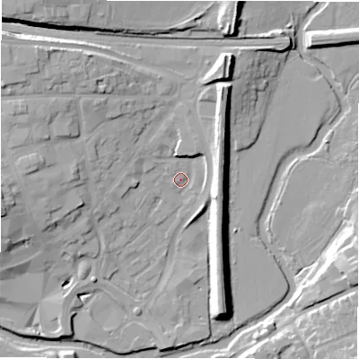 Shaded relief map of the ground around B797HT, computed from Environment Agency LiDAR. The ground here sits at about 62 m above sea level and falls 17 m across the surrounding 800 m. Surface water reaching this point runs off ground lying to the north-west, 10.0 m higher.