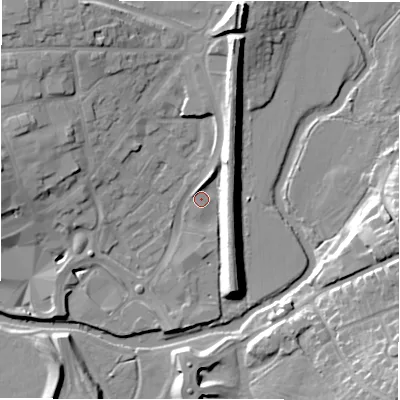 Shaded relief map of the ground around B797HY, computed from Environment Agency LiDAR. The ground here sits at about 61 m above sea level and falls 16 m across the surrounding 800 m. Surface water reaching this point runs off ground lying to the north-west, 11.5 m higher.