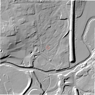 Shaded relief map of the ground around B797JD, computed from Environment Agency LiDAR. The ground here sits at about 61 m above sea level and falls 14 m across the surrounding 800 m. Surface water reaching this point runs off ground lying to the west-north-west, 7.3 m higher.