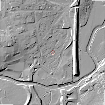 Shaded relief map of the ground around B797JF, computed from Environment Agency LiDAR. The ground here sits at about 61 m above sea level and falls 14 m across the surrounding 800 m. Surface water reaching this point runs off ground lying to the west-north-west, 7.8 m higher.