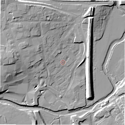 Shaded relief map of the ground around B797JH, computed from Environment Agency LiDAR. The ground here sits at about 62 m above sea level and falls 14 m across the surrounding 800 m. Surface water reaching this point runs off ground lying to the west-north-west, 6.4 m higher.