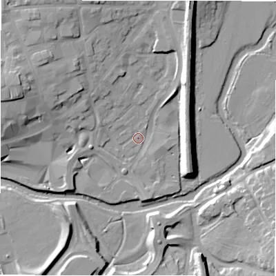 Shaded relief map of the ground around B797JJ, computed from Environment Agency LiDAR. The ground here sits at about 60 m above sea level and falls 14 m across the surrounding 800 m. Surface water reaching this point runs off ground lying to the north-north-east, 9.4 m higher.