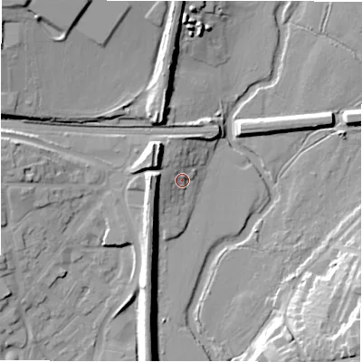 Shaded relief map of the ground around B797JU, computed from Environment Agency LiDAR. The ground here sits at about 62 m above sea level and falls 18 m across the surrounding 800 m. Surface water reaching this point runs off ground lying to the north-west, 10.3 m higher.