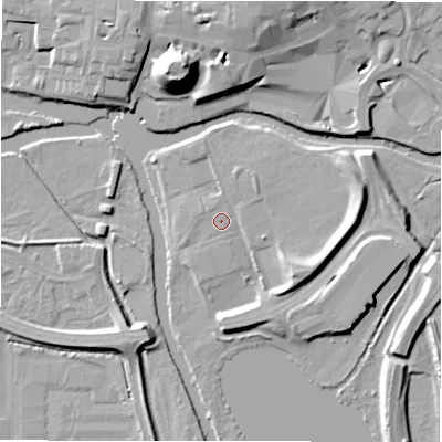 Shaded relief map of the ground around B797ND, computed from Environment Agency LiDAR. The ground here sits at about 60 m above sea level and falls 21 m across the surrounding 800 m. Surface water reaching this point runs off ground lying to the north-east, 1.5 m higher.