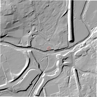 Shaded relief map of the ground around B797PB, computed from Environment Agency LiDAR. The ground here sits at about 60 m above sea level and falls 14 m across the surrounding 800 m. Surface water reaching this point runs off ground lying to the south-east, 12.2 m higher.