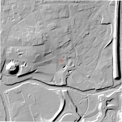 Shaded relief map of the ground around B797PD, computed from Environment Agency LiDAR. The ground here sits at about 61 m above sea level and falls 20 m across the surrounding 800 m. Surface water reaching this point runs off ground lying to the north-west, 10.5 m higher.