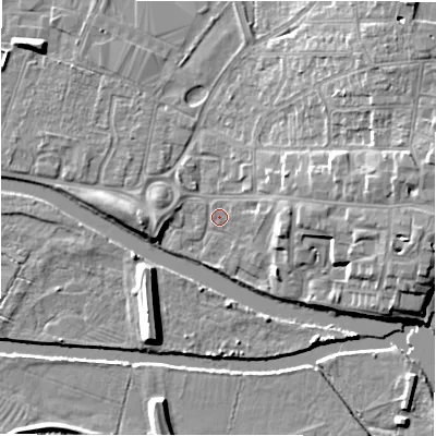 Shaded relief map of the ground around B797QJ, computed from Environment Agency LiDAR. The ground here sits at about 59 m above sea level and falls 11 m across the surrounding 800 m. Surface water reaching this point runs off ground lying to the north-east, 10.0 m higher.
