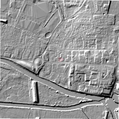 Shaded relief map of the ground around B797QL, computed from Environment Agency LiDAR. The ground here sits at about 59 m above sea level and falls 13 m across the surrounding 800 m. Surface water reaching this point runs off ground lying to the east, 8.3 m higher.