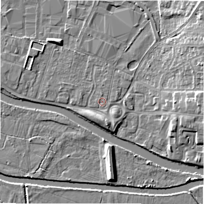 Shaded relief map of the ground around B797QN, computed from Environment Agency LiDAR. The ground here sits at about 59 m above sea level and falls 9 m across the surrounding 800 m. The ground contributing surface water to this point lies to the north-west.