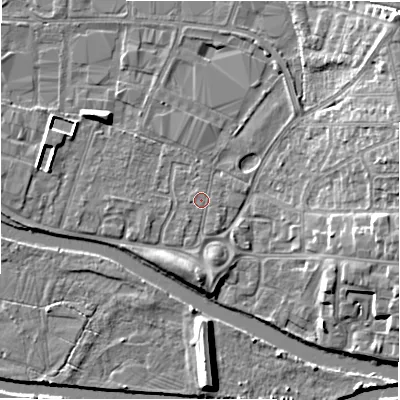 Shaded relief map of the ground around B797QP, computed from Environment Agency LiDAR. The ground here sits at about 59 m above sea level and falls 11 m across the surrounding 800 m. The ground contributing surface water to this point lies to the north-north-west.