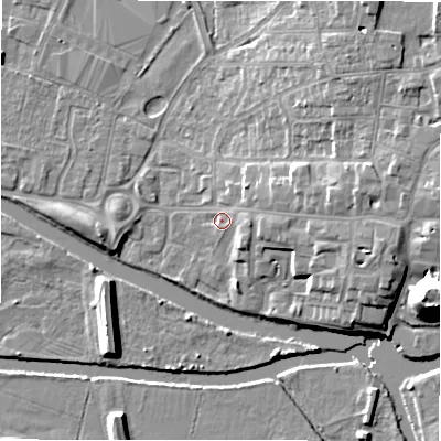 Shaded relief map of the ground around B797QQ, computed from Environment Agency LiDAR. The ground here sits at about 61 m above sea level and falls 21 m across the surrounding 800 m. Surface water reaching this point runs off ground lying to the east, 7.5 m higher.