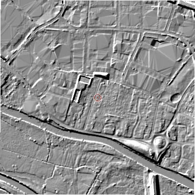 Shaded relief map of the ground around B797QR, computed from Environment Agency LiDAR. The ground here sits at about 59 m above sea level and falls 8 m across the surrounding 800 m. Surface water reaching this point runs off ground lying to the west, 1.6 m higher.