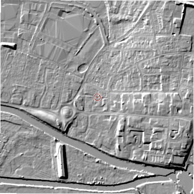 Shaded relief map of the ground around B797QS, computed from Environment Agency LiDAR. The ground here sits at about 59 m above sea level and falls 14 m across the surrounding 800 m. Surface water reaching this point runs off ground lying to the east, 1.3 m higher.