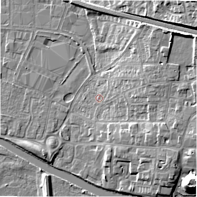 Shaded relief map of the ground around B797QU, computed from Environment Agency LiDAR. The ground here sits at about 60 m above sea level and falls 20 m across the surrounding 800 m. Surface water reaching this point runs off ground lying to the east, 3.2 m higher.