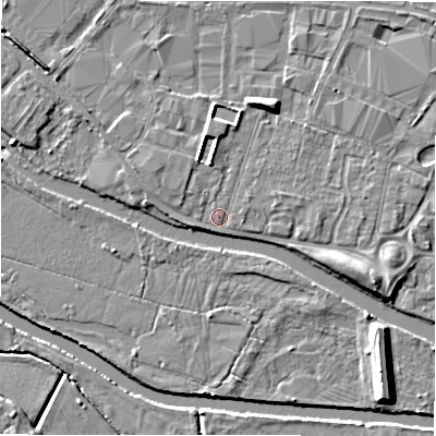 Shaded relief map of the ground around B797QW, computed from Environment Agency LiDAR. The ground here sits at about 59 m above sea level and falls 8 m across the surrounding 800 m. Surface water reaching this point runs off ground lying to the north, 2.4 m higher.