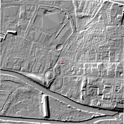 Shaded relief map of the ground around B797QY, computed from Environment Agency LiDAR. The ground here sits at about 59 m above sea level and falls 14 m across the surrounding 800 m. Surface water reaching this point runs off ground lying to the north-east, 12.3 m higher.