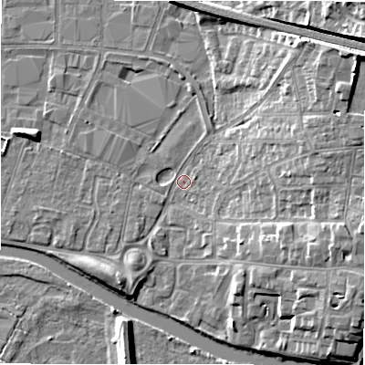 Shaded relief map of the ground around B797QZ, computed from Environment Agency LiDAR. The ground here sits at about 59 m above sea level and falls 15 m across the surrounding 800 m. Surface water reaching this point runs off ground lying to the north-east, 12.3 m higher.