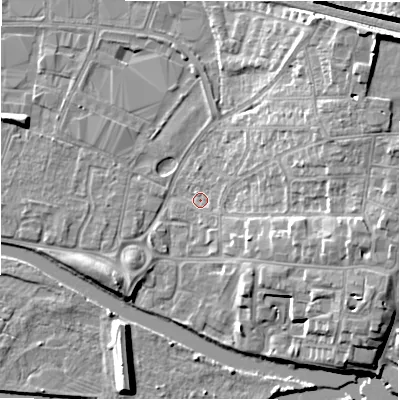 Shaded relief map of the ground around B797RA, computed from Environment Agency LiDAR. The ground here sits at about 59 m above sea level and falls 16 m across the surrounding 800 m. Surface water reaching this point runs off ground lying to the east-south-east, 5.9 m higher.