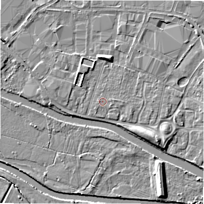 Shaded relief map of the ground around B797RG, computed from Environment Agency LiDAR. The ground here sits at about 59 m above sea level and falls 8 m across the surrounding 800 m. The ground contributing surface water to this point lies to the east.
