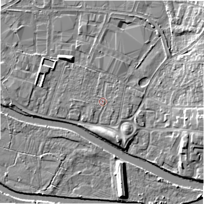 Shaded relief map of the ground around B797RR, computed from Environment Agency LiDAR. The ground here sits at about 59 m above sea level and falls 8 m across the surrounding 800 m. Surface water reaching this point runs off ground lying to the south-west, 0.9 m higher.