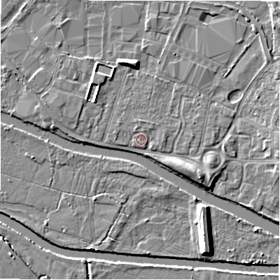 Shaded relief map of the ground around B797RU, computed from Environment Agency LiDAR. The ground here sits at about 59 m above sea level and falls 8 m across the surrounding 800 m. Surface water reaching this point runs off ground lying to the north-north-west, 0.6 m higher.